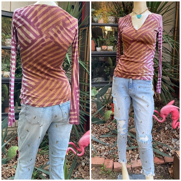 Y2K Geo Striped Tie Dye Henley Layering Top - Picture 2 of 14